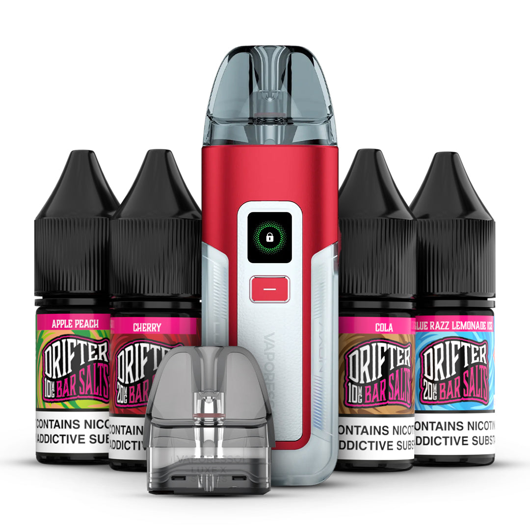 Collection of products including Vaporesso Luxe X2 Kit, Vaporesso Luxe X Corex Pods and Drifter Salt E-Liquid