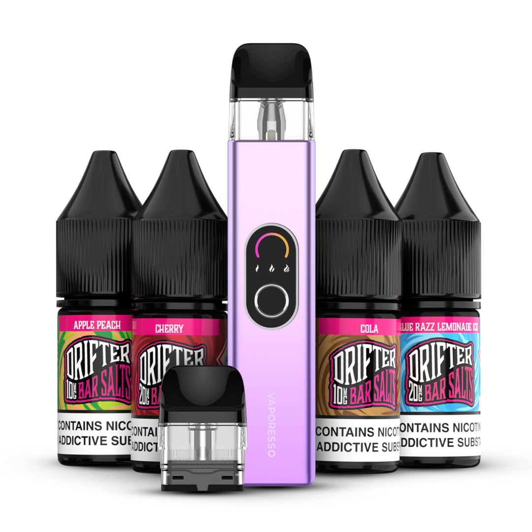 Collection of products including Vaporesso XROS 4 Kit, Vaporesso Corex Pods and Drifter Salt E-Liquid