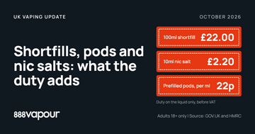 Shortfills, pods and nic salts: what Vaping Products Duty adds, £22.00 on a 100ml shortfill, £2.20 on a 10ml nic salt and 22p per ml on prefilled pods