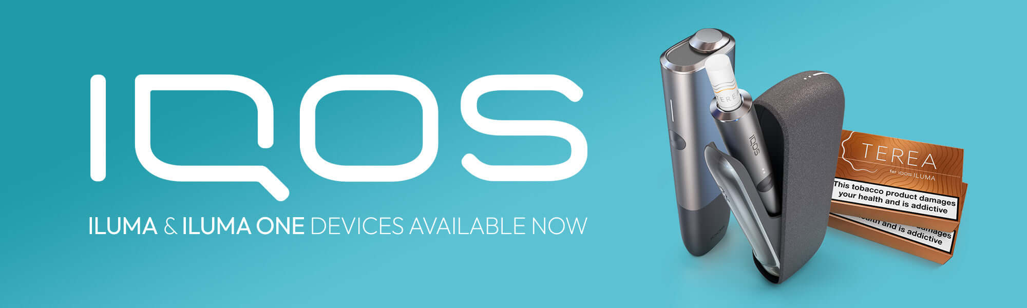 IQOS Iluma Device in Black with a pack of IQOS TEREA Tobacco Sticks on a turquoise background. IQOS Logo is large and has the official IQOS Iluma device on therre for sale from £39.99 at 888 Vapour. Desktop banner