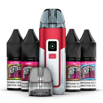 Collection of products including Vaporesso Luxe X2 Kit, Vaporesso Luxe X Corex Pods and Drifter Salt E-Liquid