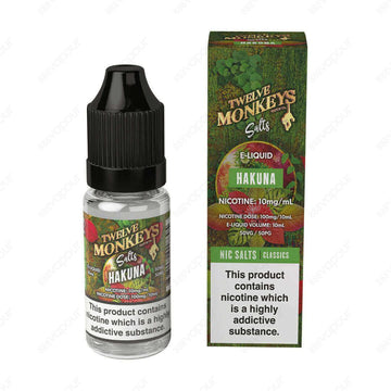 12 Monkeys Hakuna Salt E-Liquid | £4.99 | 888 Vapour | 12 Monkeys Hakuna is a delicious mix of crisp apple and fresh cranberry. Salt nicotine is made from the same nicotine found within the tobacco plant leaf but requires a different manufacturing process