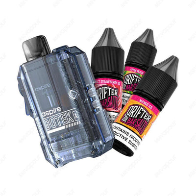 Aspire Gotek X Vape Kit with Drifter Bar Salts | £18.00 | 888 Vapour | The Aspire Gotek X Kit with 3 Drifter Bar Salts gives you over 10000 Puffs! 10000 Puffs from the 3 Drifter Bar Salts. Each bottle lasts approximately 3500 puffs giving you a total of 1