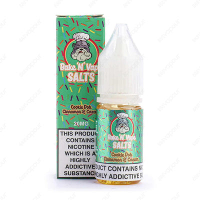 Bake 'N' Vape Cookie Dough Cinnamon and Cream Salt E-Liquid | £3.99 | 888 Vapour | Bake 'N' Vape Cookie Dough Cinnamon and Cream nicotine salt e-liquid is cookie dough topped with cinnamon and cream. Salt nicotine is made from the same nicotine found with