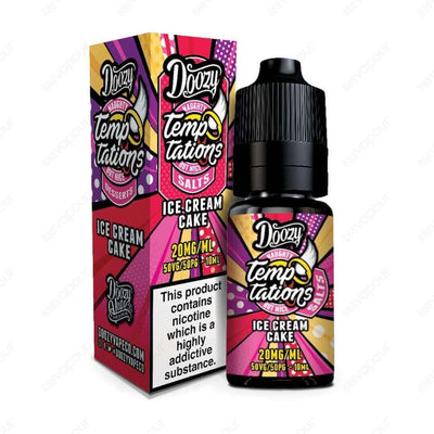 Doozy Temptations Ice Cream Cake Salt E-Liquid | £3.95 | 888 Vapour | Doozy Vape Co Temptations Ice Cream Cake is a light, airy sponge cake topped with rich vanilla ice cream.Salt nicotine is made from the same nicotine found within the tobacco plant leaf