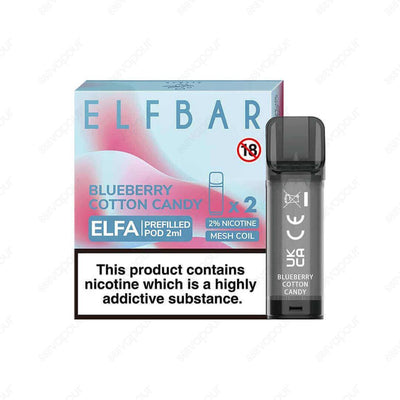 Elf Bar Elfa Blueberry Cotton Candy Replacement Pod | £5.99 | 888 Vapour | The Elfa Pod Kit Replacement pods come prefilled with 2ml of 20mg nicotine salt E-Liquid, delivering a smoother throat hit and better vaping experience. Each pod lasts around 600 p