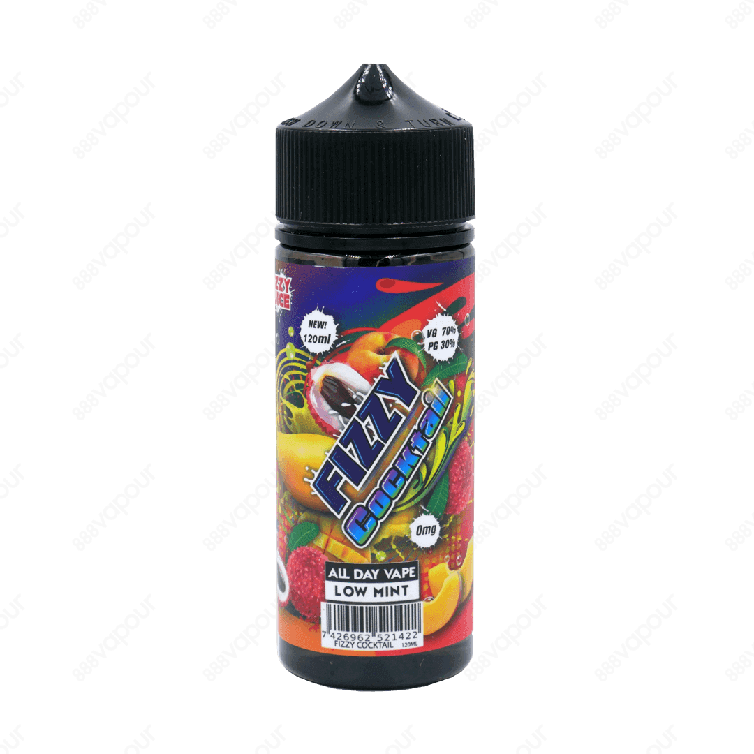 Fizzy Juice Cocktail E-Liquid | £13.99 | 888 Vapour | Fizzy Juice Cocktail e-liquid is a blend of exotic fruits with a slight fizz. Cocktail by Fizzy Juice is available in a 0mg 100ml shortfill, with space for two 10ml 18mg nicotine shots to create 120ml