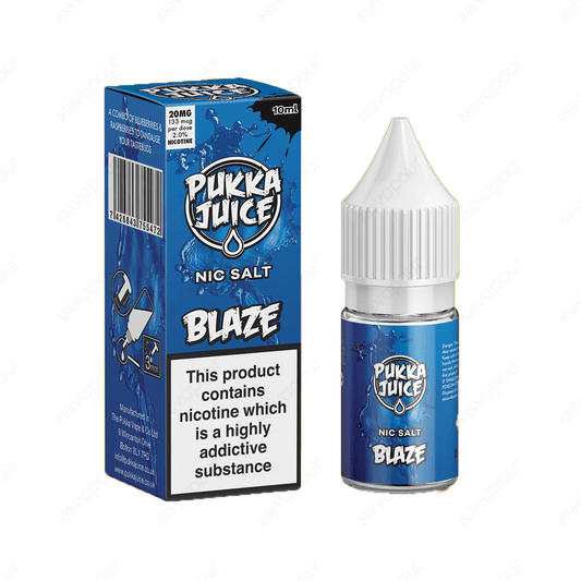 Pukka Juice Blaze Salt E-Liquid | £3.99 | 888 Vapour | Pukka Juice Blaze nicotine salt e-liquid delivers a combination of blueberries and raspberries with a subtle, soothing menthol. Salt nicotine is made from the same nicotine found within the tobacco pl